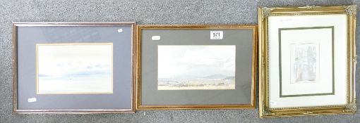 A collection of watercolour small pictures in frames: 2 coastal scenes and one church scene,