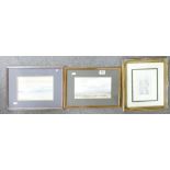 A collection of watercolour small pictures in frames: 2 coastal scenes and one church scene,