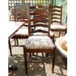Dark Oak Upholstered set of six ladder back dining chairs: