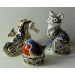 Three x Royal Crown Derby paperweights NESTING ROBIN SEAHORSE MAJESTIC CAT: 2 x Gold stoppers & 1