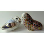 Two Royal Crown Derby paperweights OWL (silver stopper) & WALRUS gold stopper: No certificates,