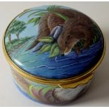 Moorcroft enamel circular box OTTERS: Mid size, 28/50, hand painted and signed by artist NC Creed,