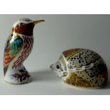 Two x Royal Crown Derby paperweights HUMMING BIRD & HAWTHORN HEDGEHOG: Gold stoppers,