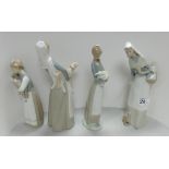Three Lladro figures of girls carrying sheep: models 4584, 4505,