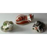 Three Royal Crown Derby paperweights MULBERRY HALL FROG 58/500 FOX & MOLE: Silver stoppers,