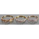 3 x 9ct & 18ct diamond rings: Includes 18ct 3 stone, weight 2.