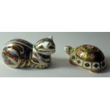 Two x Royal Crown Derby paperweights CONTENTED CAT & YORKSHIRE ROSE TORTOISE: Gold stoppers,