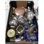 A collection of Silver Plated & Metal ware items to include: Tea service, Vases, Bed Warmer,