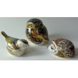 Three x Royal Crown Derby paperweights LITTLE OWL BRAMBLE HEDGEHOG WREN: Gold stoppers,