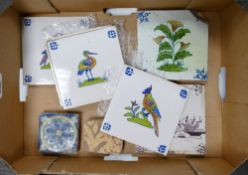 Tray collection of 19th century and earlier tiles: set of 4 bird tiles,