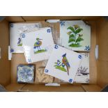 Tray collection of 19th century and earlier tiles: set of 4 bird tiles,