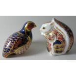 Two x Royal Crown Derby paperweights PARTRIDGE & STONEY MIDDLETON SQUIRREL: Gold stoppers,