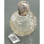 Cut glass and silver hinged top scent bottle: Mid size scent bottle 12cm high.