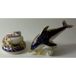 Two x Royal Crown Derby paperweights ORIGINAL FROG & DOLPHIN: Gold stoppers,