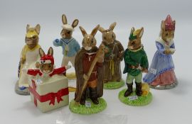 7 x Royal Doulton Bunnykins figures: Christmas Surprise DB 146 no cert, Robin Hood DB 244 no cert,