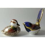 Two x Royal Crown Derby paperweights FAIRY WREN & BAKEWELL DUCKLING: Gold stoppers,