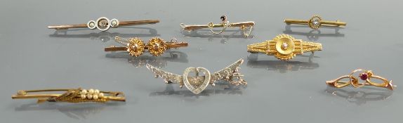 Three older 9ct gold brooches one silver & four gold plated: