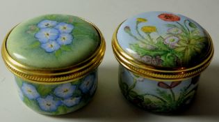 TWO Elliot Hall enamel BOXES FORGET ME NOT and SUMMER: Both 30mm wide, 14/35 & 13/50.