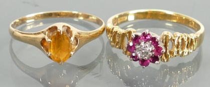18ct diamond & ruby ring: Together with 14ct citrine or similar stone ring. Weights 3.3g & 1.
