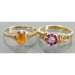 18ct diamond & ruby ring: Together with 14ct citrine or similar stone ring. Weights 3.3g & 1.