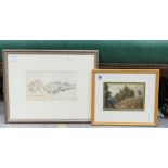 Two Watercolours: Early 19th century horse cart & landscape 12.