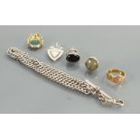 Group of 9ct gold jewellery: Includes buckle ring, 2 fobs,