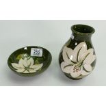 Moorcroft Lilly on Green Ground Patterned Vase & Small Dish: height of largest 14cm(2)