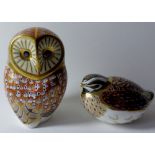 Two x Royal Crown Derby paperweights Tawny OWL & DAPPLED QUAIL: Gold stoppers, first quality,