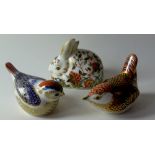 Three x Royal Crown Derby paperweights FIRECREST DERBY WREN & MEADOW RABBIT: Gold stoppers x 2,