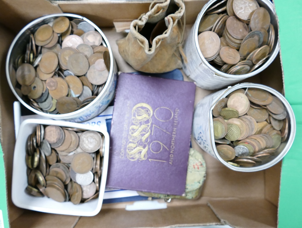 Large quantity of UK pre decimal coins: Numerous copper, cupro-nickel & other metal coins, in tins,