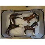 Three large brown Beswick horses: Large racehorse, restuck back leg, Standing shire chip off ear,