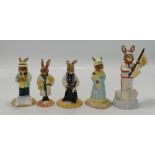 5 x Royal Doulton Bunnykins figures: Vicar DB 254 with cert, Bath Time DB 148 no cert,