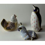Three x Royal Crown Derby paperweights HEN EWE & PENGUIN: Gold stoppers, NO certificates or boxes.
