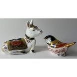 Two x Royal Crown Derby paperweights HOLLY DONKEY FOAL & COAL TIT: Gold stoppers,