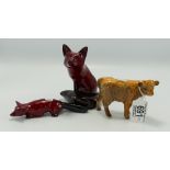 Royal Doulton Flambe foxes x 2 and Beswick highland calf: