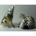 Two x Royal Crown Derby paperweights WOLF 599/2500 & Leopard cub: Gold stoppers,