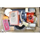 A mixed collection of items to include: Vintage calculator, brass and horn powder flask,