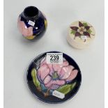 Moorcroft items to include: Pink Magnolia Vase & dish together with Columbine patterned lidded