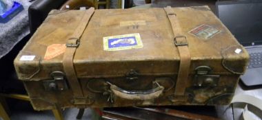 Steel Lockered Leather 1930's Suitcase:
