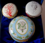Three Halcyon Days enamel lidded boxes: Diana Princess of Wales no 309, 66mm wide, boxed,