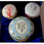 Three Halcyon Days enamel lidded boxes: Diana Princess of Wales no 309, 66mm wide, boxed,