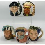 Royal Doulton mid size toby character jugs x 5: Falstaff, Falconer, Bacchus,