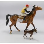 Beswick Jockey on brown horse 1037 damaged: together with damaged small foal(2)