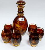 Bohemian Glass Decanter Set: with wheel turned Deer & Foiliage decoration(nip noted to rim of