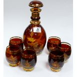 Bohemian Glass Decanter Set: with wheel turned Deer & Foiliage decoration(nip noted to rim of