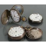 Three gents silver pocket watches: JW Benson Keyless full hunter, winds, ticks, sets & runs,