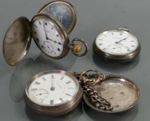 Three gents silver pocket watches: JW Benson Keyless full hunter, winds, ticks, sets & runs,