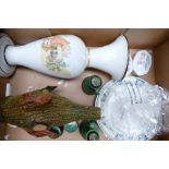 A mixed collection of items to include: decorated glass vase,
