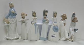 A collection of Lladro and Nao girl figurines: Lladro girl with guitar (4871), so shy ( 1109),