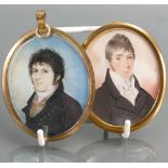 Pair of 19th century hand painted portrait miniatures: In gilt brass frames,